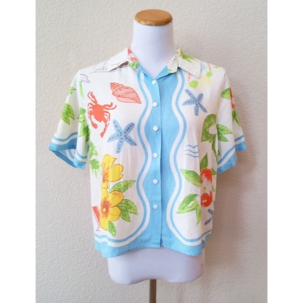 Calypso St. Barth White Tropical Button-Front Blouse with Blue Trim